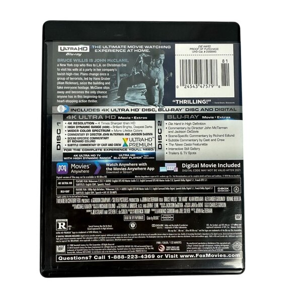 Die Hard 4K Ultra HD BluRay Digital Bruce Willis R Rated Fox 1988 Movie & Extras - Picture 2 of 8